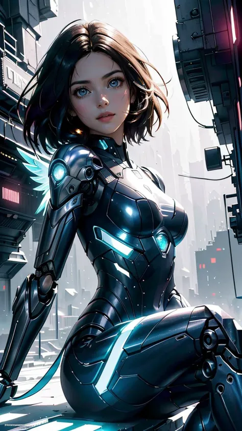 (best quality, masterpiece, colorful, highest detailed) upper body photo, fashion photography of cute (Battle Angel Alita), mechanical arms, detailed cyborg body, glowing body parts, sitting, perfect bobbed black hair, (ultra-detailed body), (light smile:0.3), softlight passing through hair, (distopian futuristic city beautiful background:1.3), (light:1.2), (dynamic angle), (intricate details), (dynamic angle), dark mood, dystopia