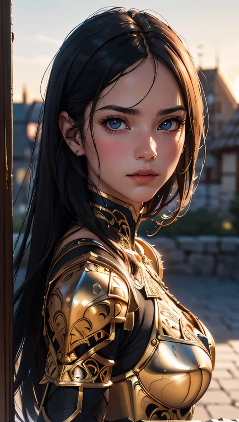 Portrait of a girl, the most beautiful in the world, (medieval gold armor), metal reflections, upper body, outdoors, intense sunlight, far away castle, professional photograph of a stunning woman detailed, perfect bobbed sexy intense black hair, sharp focus, dramatic, award winning, cinematic lighting, volumetrics dtx, (film grain, blurry background, blurry foreground, bokeh, depth of field, sunset,interaction, Perfectchainmail), (masterpiece), (extremely intricate:1.3), (realistic), HDR