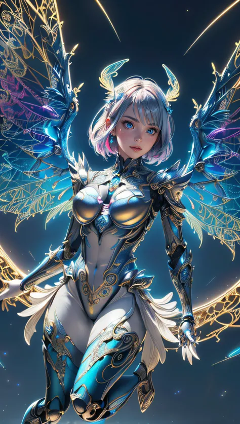 (best quality, masterpiece, colorful, dynamic angle, highest detailed)upper body photo, full body photo, fashion photography of cute mechangel, glowing 4 wings, solo, glowing armor, glowing halo, building, glowing mechanical 4 wings (intricate details, hyperdetailed:1.15), detailed, light passing through hair, (official art, extreme detailed, highest detailed), HDR+