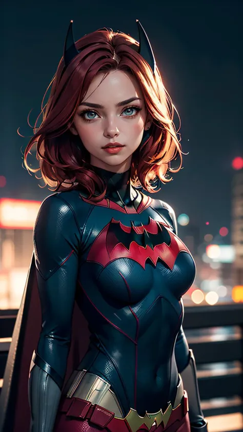 (best quality, masterpiece, colorful, dynamic angle, highest detailed)(Batwoman), upper body photo, fashion photography of cute girl (Batwoman), dressing high detailed Batwoman suit (high resolution textures), short hair, red hair, in dynamic pose, bokeh, (intricate details, hyperdetailed:1.15), detailed, moonlight passing through hair, perfect night, (fantasy background), (official art, extreme detailed, highest detailed), HDR+