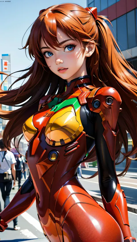 (best quality, masterpiece, colorful, dynamic angle, highest detailed)(Asuka Langley), upper body photo, fashion photography of cute red long hair girl (Asuka Langley), dressing high detailed Evangelion red suit (high resolution textures), in dynamic pose, bokeh, (intricate details, hyperdetailed:1.15), detailed, sunlight passing through hair, colorful art background, (official art, extreme detailed, highest detailed),