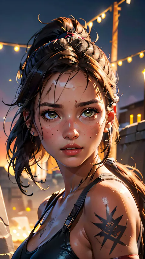 (best quality, masterpiece, colorful, dynamic angle, highest detailed)(\Lara Croft\, \Tomb Raider\) upper body professional photo, award winning fashion photography of sexy, intense brown long hair, ponytail hair ,hazel eyes, \Lara Croft\, \Tomb Raider\, flirting, bokeh, (intricate details, hyperdetailed:1.15), detailed, moonlight passing through hair (official art, nazca background, extreme detailed, highest detailed, natural skin texture, hyperrealism, soft light, sharp, perfect face),