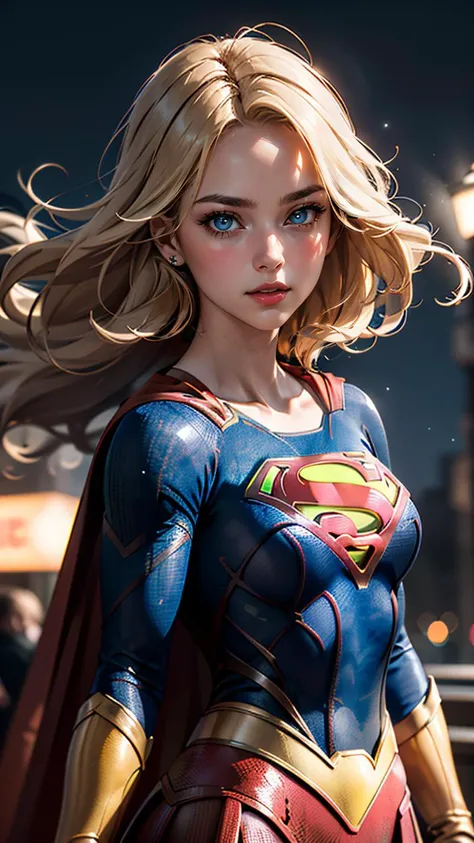 (best quality, masterpiece, colorful, dynamic angle, highest detailed)(Supergirl), upper body photo, fashion photography of cute blonde long hair girl (Supergirl), dressing high detailed Supergirl suit (high resolution textures), in dynamic pose, bokeh, (intricate details, hyperdetailed:1.15), detailed, moonlight passing through hair, perfect night, (fantasy background), (official art, extreme detailed, highest detailed), HDR+