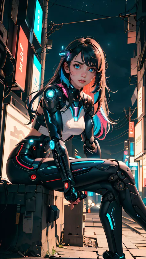 (best quality, masterpiece, colorful, dynamic angle, highest detailed)upper body photo, full body photo, fashion photography of cute 1girl, mechanical arms, cyborg, dark mood, dystopia, glowing, looking at viewer, sitting, long hair, bokeh (intricate details, hyperdetailed:1.15), detailed, moonlight passing through hair, (official cyberpunk art, extreme detailed, highest detailed), HDR