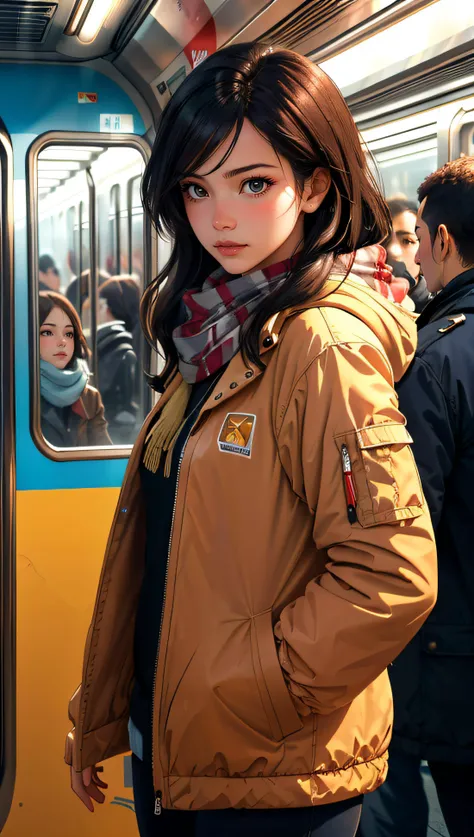 (best quality, masterpiece) photorealistic,lifelike rendering,1girl,chestnut,cowboy shot,side view,evening,night shot,a girl inside a subway station,subway train passing behind her,motion blur,film grain:1.2,winter jacket,scarf,Radiant Comfort, Golden Hour, Cozy Ambiance