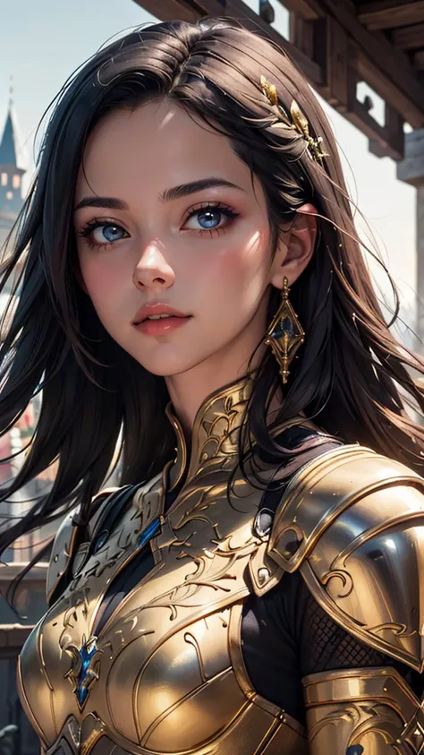 (best quality, masterpiece, colorful, highest detailed) upper body photo, fashion photography of cute (cute portrait of a Romanian-girl), perfect bobbed black hair, in high detailed medieval gold armor, metal gold reflections, high detailed chainmail, upper body, outdoors, professional photograph, award winning photography, (ultra-detailed body), (light smile:0.3), softlight passing through hair, (far away castle background), (Sharp focus), (dynamic angle)(extremely intricate:1.3)