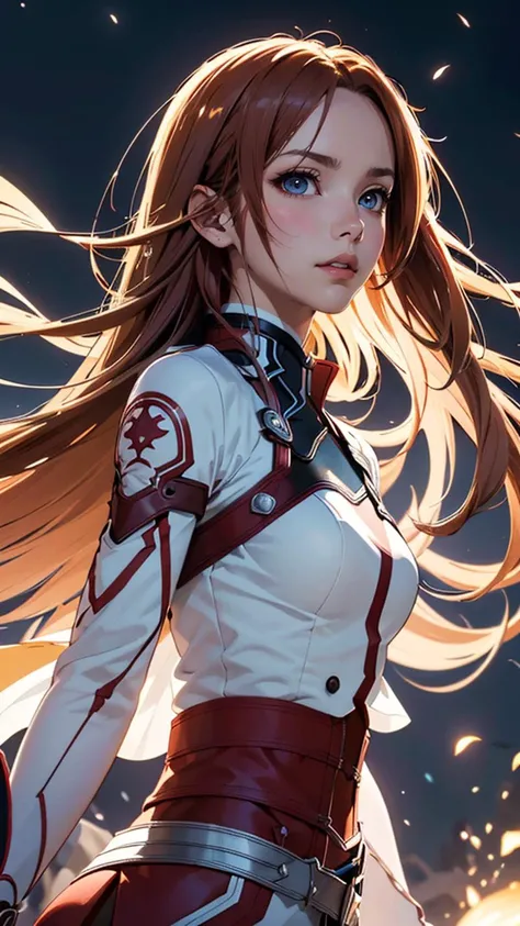 (best quality, masterpiece, colorful, dynamic angle,) upper body photo, fashion photography of intense long red hair, (Asuna Yuuki)(sword art online) yuuki asuna, (ultrahigh resolution textures), in dynamic pose,(intricate details), moonlight passing through hair, perfect night, fantasy background, (official art)