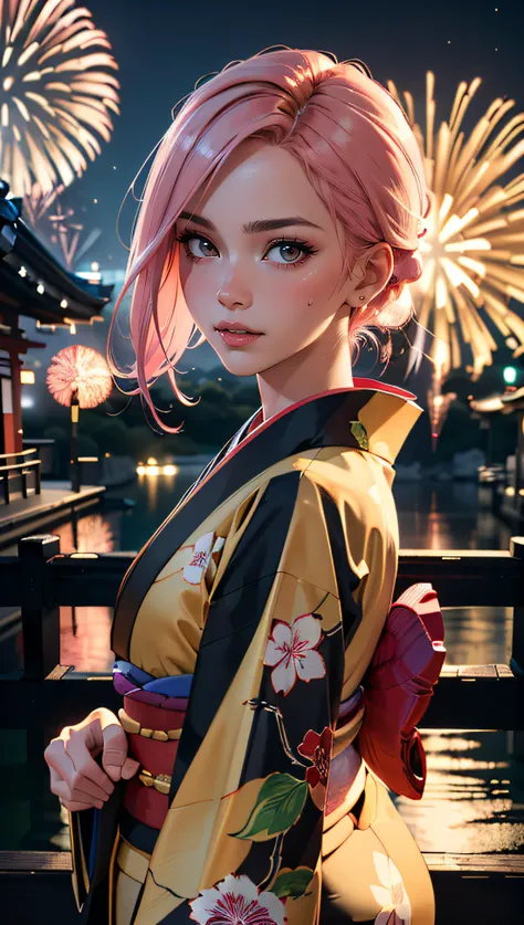 (best quality, masterpiece, perfect face, detailed simmetric iris, perfect smooth skin texture), pink hair, 18 years old european girl, flirting with POV, in traditional japanese gold&black kimono, ultra detailed kimono textures, high contrast, night, kyoto, fireworks, (hyperrealism, soft light, dramatic light, sharp, HDR)
