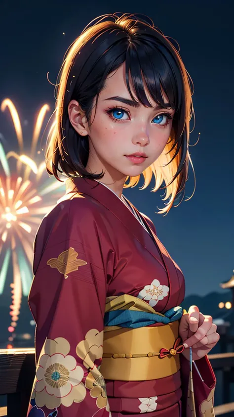 (best quality, masterpiece, colorful, highest detailed) upper body photo, fashion photography of cute (Beautiful italian girl), iridiscent bobbed hair, flirting with POV, in traditional japanese kimono, high detailed kimono textures, Kyoto, fireworks, (ultra-detailed body), (light smile:0.3), moonlight passing through hair, (night beautiful background:1.3), (dynamic angle), (intricate details), (dynamic angle)