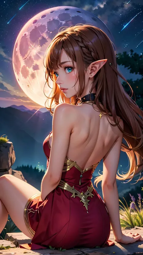 (best quality, masterpiece, colorful, highest detailed) upper body photo, fashion photography of cute elf-girl, pointy ears, sitting on a small hill looking at night sky, sparkly dress, back view, full moon, cascade of stars, majestic night sky, ultra-realistic, extremely detailed