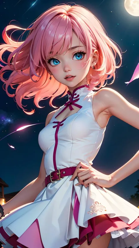 (best quality, masterpiece, colorful, highest detailed) upper body photo, fashion photography of cute (Creamy Mami), idol, curly pink hair, perfect eyes shape, in high detailed white gothic-suit, (ultra-detailed gothic-dress), sleeveless top, short wide skirt, (light smile:0.3), moonlight passing through hair, (night beautiful background:1.3), (intricate details), (dynamic angle)