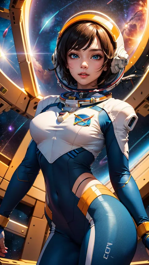 (masterpiece, best quality, highest detailed), (cute astronaut Russian-girl), high detailed ultra-futurist spacesuit, (textured clothing), (ultra-detailed body), (light smile:0.3), softlight passing through hair, (alien, ultra-hitech space-base background), (intricate details), (dynamic angle)