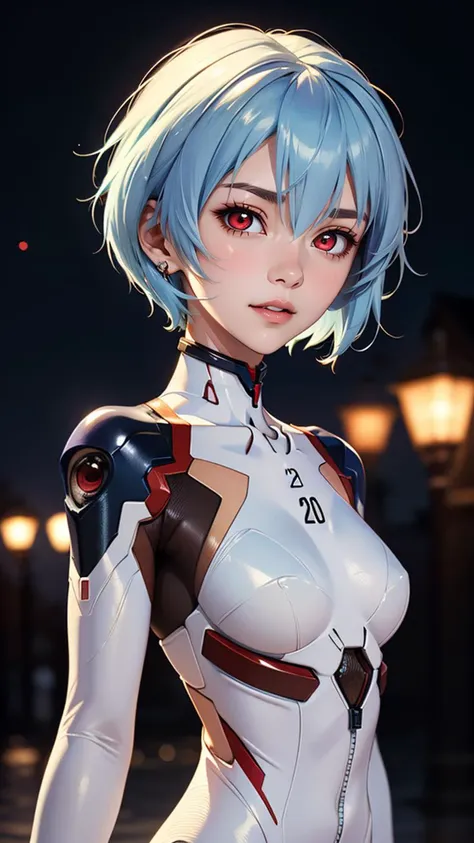 (best quality, masterpiece, colorful, highest detailed) upper body photo, fashion photography of cute (Rei Ayanami), intense-red-eyes, in high detailed textured Evangelion white plugsuit, (light smile:0.3), moonlight passing through light blue hair, (night beautiful background:1.3), (intricate details), (dynamic angle)