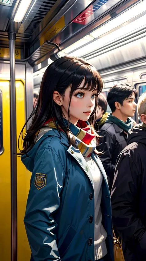 (best quality, masterpiece, colorful, highest detailed) upper body photo, fashion photography of cute lifelike photo, 1 australian girl, chestnut, cowboy shot, side view, evening, night shot, inside a subway station, subway train passing behind her, motion blur, winter jacket, scarf, Radiant Comfort, Golden Hour, Cozy Ambiance, (intricate details), (dynamic angle)