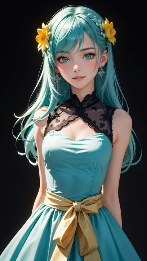 1 young cute girl, flower dress, colorful, dark background, flower armor, green theme, upper body shot,(cinematic, teal and orange:0.85), dim colors, low saturation