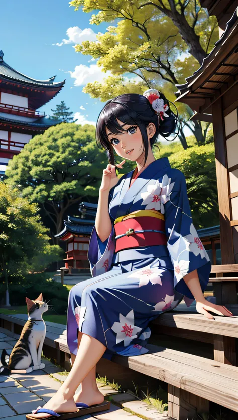 (masterpiece, best quality, 2D, 2D manga),a cute manga girl, in a colorful manga world, wearing funny yukata, sitting, petting a cat. Japanese temple in background, forest