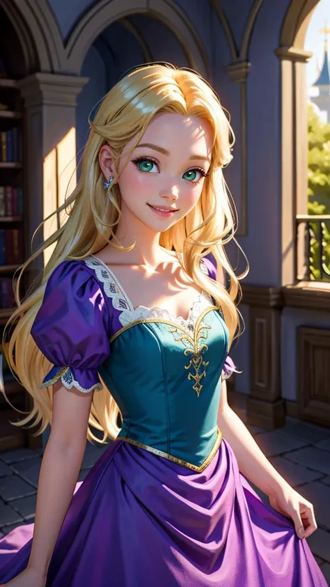 (Disney CGI style), Disney tangled Rapunzel, long blonde hair, green eyes, cinematic light, purple dress, (light smile:0.3), happy,