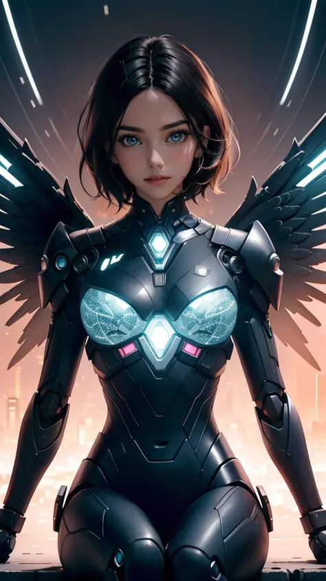 (best quality, masterpiece, colorful, highest detailed) upper body photo, fashion photography of cute (Battle Angel Alita), mechanical arms, detailed cyborg body, glowing body parts, sitting, perfect bobbed black hair, (ultra-detailed body), (light smile:0.3), softlight passing through hair, (distopian futuristic city beautiful background:1.3), (light:1.2), (dynamic angle), (intricate details), (dynamic angle), dark mood, dystopia