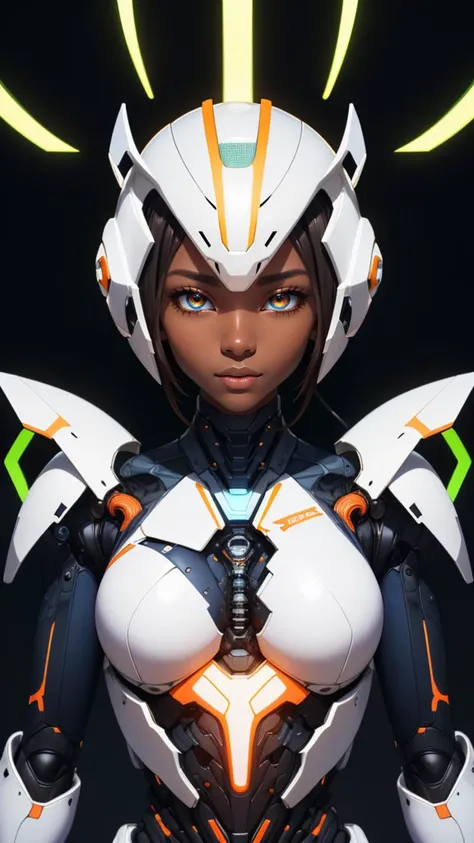 (best quality, masterpiece, colorful, highest detailed) upper body photo, fashion photography of cute African supermodel, high detailed futuristic exoskeleton, gloss fullface helmet, antennas helmet, fine-textured, (ultra-detailed exoskeleton), (neon, clear white light, glowing lights), extraterrestrial futuristic spacecraft, holograms, futuristic computer panel, (sharp)