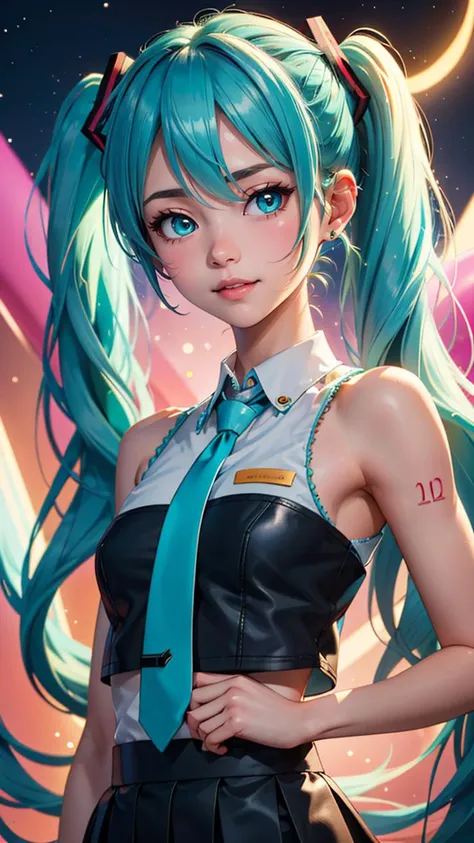 (best quality, masterpiece, colorful, highest detailed) upper body photo, fashion photography of cute (Hatsune Miku), very long turquoise pigtails and a school uniform-like outfit. She has teal eyes and very long pigtails held with black and red square-shaped ribbons that have become a signature of her design, (ultra-detailed body), (light smile:0.3), moonlight passing through hair, (silver lake background:1.3), (intricate details), (dynamic angle)