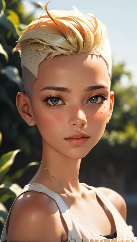 (realistic) a 18 yo woman, blonde, (hi-top fade:1.3), dark theme, soothing tones, muted colors, (high detailed natural skin texture, hyper realism, soft light, sharp)