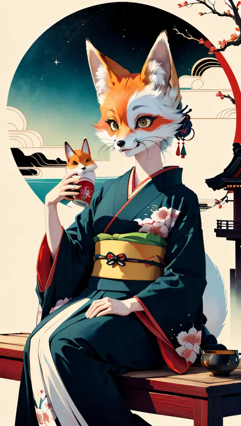 (best quality, masterpiece, colorful)(no humans)(fox, big eyes, fox iris, fox yes), anthropomorphic fox (Kitsune), wearing kimono, sitting in a tipical japanese room, japanese house, drinking green tea (colorful poster art, fantasy art, funny, perfect background wallpaper, high contrast, official art)