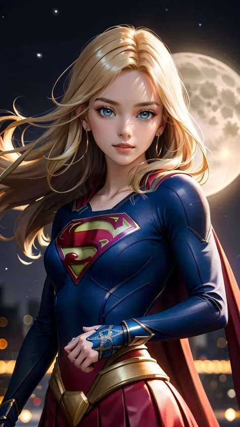 (best quality, masterpiece, colorful, dynamic angle, highest detailed)(Supergirl), upper body photo, fashion photography of cute blonde long hair girl (Supergirl), dressing high detailed Supergirl suit (high resolution textures), in dynamic pose, bokeh, (intricate details, hyperdetailed:1.15), detailed, moonlight passing through hair, perfect night, (fantasy background), (official art, extreme detailed, highest detailed), HDR+