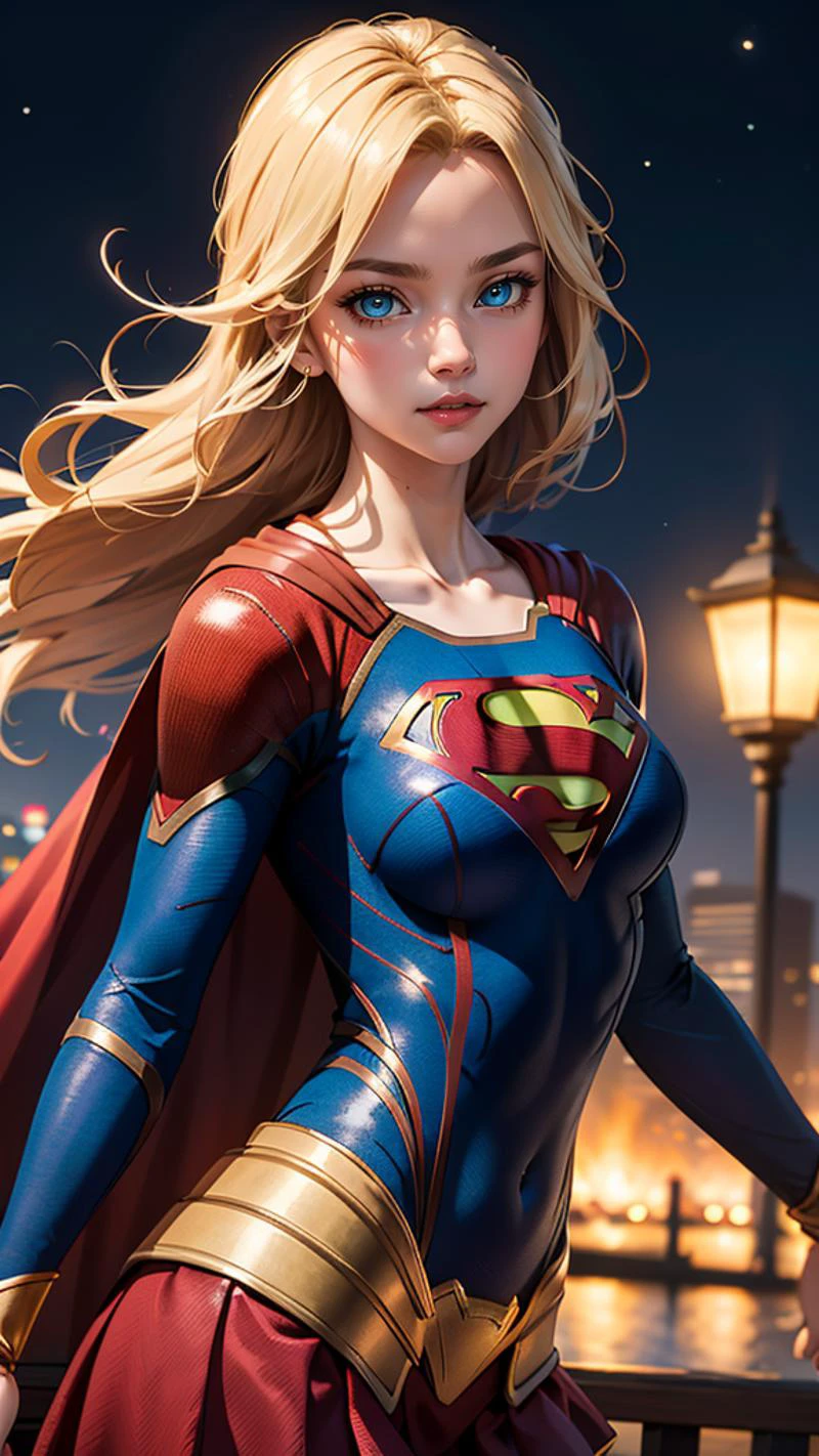 (best quality, masterpiece, colorful, dynamic angle, highest detailed)(Supergirl), upper body photo, fashion photography of cute blonde long hair girl (Supergirl), dressing high detailed Supergirl suit (high resolution textures), in dynamic pose, bokeh, (intricate details, hyperdetailed:1.15), detailed, moonlight passing through hair, perfect night, (fantasy background), (official art, extreme detailed, highest detailed), HDR+