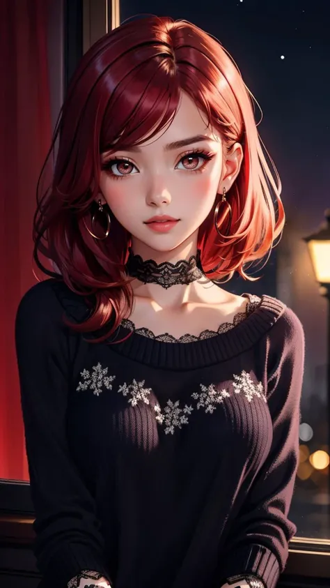 1 young cute iranian girl, very slim, skinny, redhead, rouge, red neck lace choker, cateyes makeup, colorful, oversize knit jumper, softcore, warm lighting, cosy atmosphere, Instagram style, red theme, upper body shot,(cinematic, black and red:0.85), (night beautiful background:1.3), sharp, dim colors