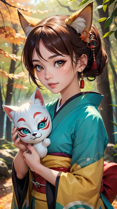 (best quality, masterpiece, colorful, highest detailed) upper body photo, fashion photography of cute chibi cartoon, chibi kawaii, (japanese kitsune mask), fox tail, high detailed clothes, japanese forest, autumn background, beautiful eyes, brown eyes, light in eyes, full body, Character Design, CGI, 8k