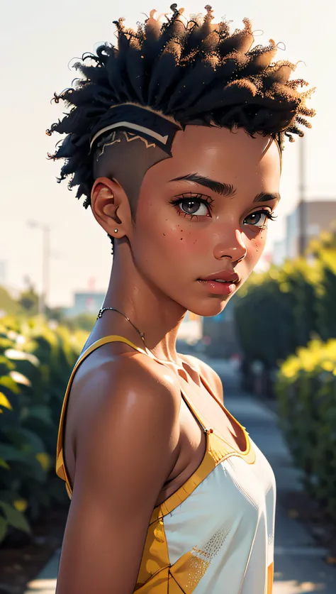 (realistic) a 18 yo afroamerican woman, blonde, (hi-top fade:1.3), dark theme, soothing tones, muted colors, (high detailed natural skin texture, hyper realism, soft light, sharp)