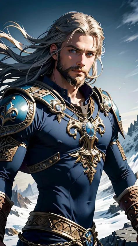 (best quality, masterpiece, colorful, highest detailed) upper body photo, Viking man, bearded, embodying bravery and resilience in a rugged landscape, (intricate details), (dynamic angle)