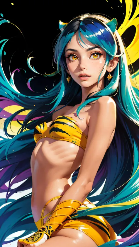lum invader, detailed, realitsa, (bikini:.8), yellow clothes, masterpiece, best quality, hires, open mouth, tusk, ultra-detailed, multicolored eyes, beautiful eyes, detailed face, beautiful girl, big chest, blushing, (from four:.4) looking back, (emphasis on ass:.8)