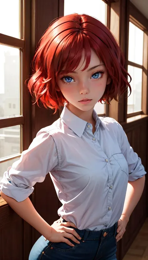 Hot, sexy, fit girl (hyperrealistic), (illustration), (high resolution), (8k), (extremely detailed), (best illustration), (beautiful detailed eyes), (best quality), (ultra -detailed), (masterpiece), (wallpaper), (Detailed face), alone, 1 girl, redhead, heterochromic blue eyes, small spots under eyes, no clothes, big tits, legs long and muscular, muscular abs, dynamic pose