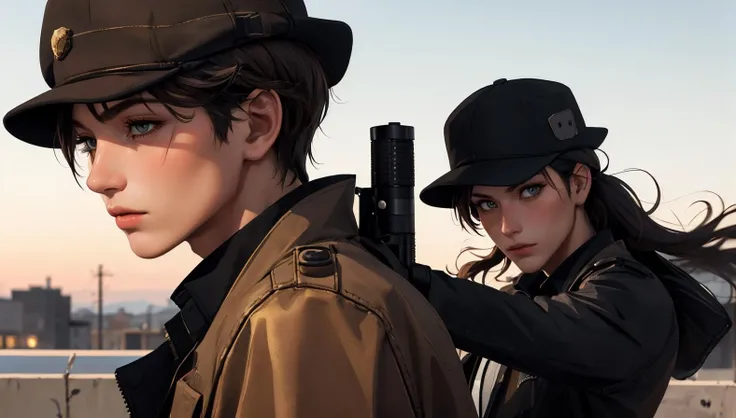 masterpiece, best quality, 1boy, gun, handgun, hat, holding gun, long hair, pistol, silhouette, weapon