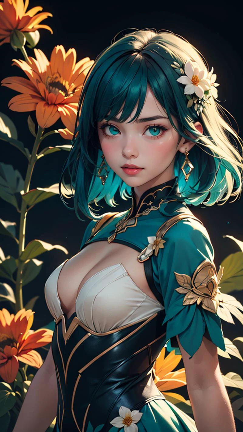 ung cute girl, flower dress, colorful, dark background, flower armor, green theme, upper body shot,(cinematic, teal and orange:0.85), dim colors, low saturation