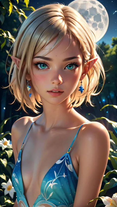 (best quality, masterpiece, colorful, dynamic angle, highest detailed)upper body photo, full body photo, fashion photography of cute unity 8k wallpaper, ultra detailed, beautiful and aesthetic, (photorealistic:1.4), (1girl), green eyes, blonde, hair ornament, short hair, blush, dynamic pose, dynamic angle, lipstick, slim, slim body, very wild shot, outdoor, detailed background, realistic, solo, perfect detailed face, naughty face, detailed eyes, highly detailed, ((fantasy forest)), ((small flowers around)), ((dark night)), ((darkness)), elf ears, full naked, short hairs, ideal bobtail, full naked, magic flowers, ((small moon)), (intricate details, hyperdetailed:1.15), detailed, moonlight passing through hair, (official art, extreme detailed, highest detailed),