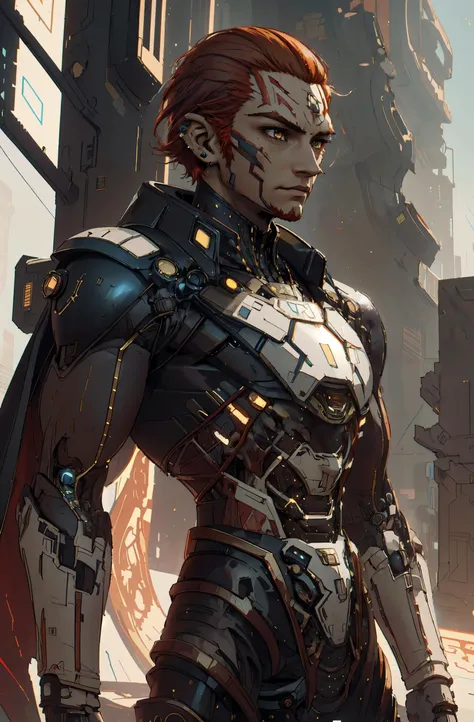 (1boy),ganondorf,ganon,muscular, long thick eyebrows, OoT_Ganondorf_Zelda,red hair,redhead,ginger,yellow eyes,long nose,<lora:ginger-LECO:-0.5>,short hair,(no_facial_hair), dark skin,olive skin, earrings, cape,evil aura,pure evil, cruel, ruthless warlord ,<lora:1GanondorfZeldaSeries0:0.1>, <lora:OoT_Ganondorf_Zelda:0.8>, <lora:1ganondorf-nvwls-v1:0.1> ,<lora:Ganon_20230724031921:0.1>,
(<lora:OrokinTech-20:0.75> orokintech, smooth, gold, scifi,wearing <lora:4stylisedarmorglass:0.2> mecha),<lora:ClothingAdjuster3:-0.5>,<lora:cyberpunk-LECO:-0.33>,
(solo focus), (portrait, upclose), Against a wall,
cyberpunk,neon,dystopian,futuristic,cable, wires, tube, concrete, neon lights, science fiction,(best quality, masterpiece, absurdres), extremely delicate and beautiful, perfect sharp focus, delicate,
background <lora:Swatches Neon:0.33>, at Morning light, 3D Holographic Entertainment,
<lora:uv:0.5>,,,,<lora:BG+LGHT:0.2>,,
<lora:Signalis:0.3> Signalis, pixilated