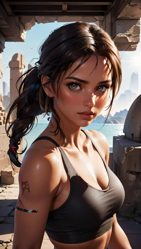 (best quality, masterpiece, colorful, dynamic angle, highest detailed)(\Lara Croft\, \Tomb Raider\) upper body professional photo, award winning fashion photography of sexy, intense brown long hair, ponytail hair ,hazel eyes, \Lara Croft\, \Tomb Raider\, flirting, bokeh, (intricate details, hyperdetailed:1.15), detailed, moonlight passing through hair (official art, atzec ruins in background, extreme detailed, highest detailed, natural skin texture, hyperrealism, soft light, sharp, perfect face),
