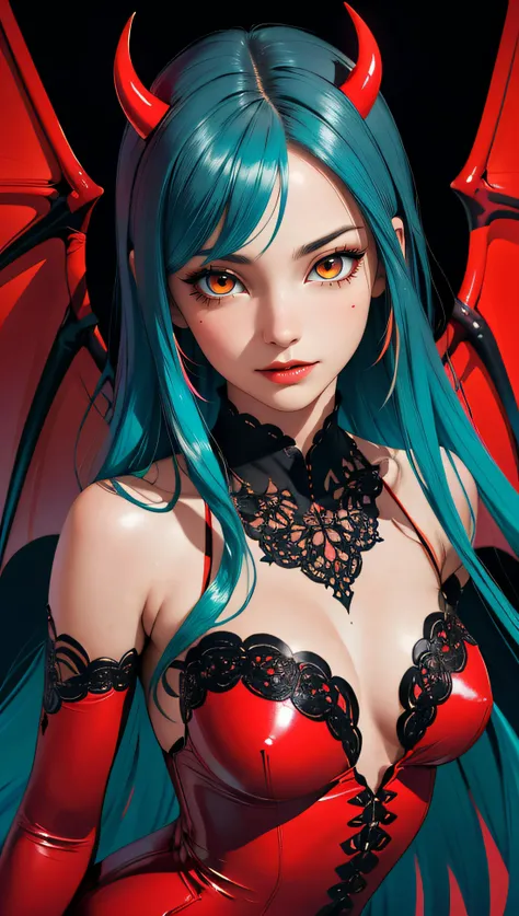 (best quality, masterpiece, perfect face, beautiful and aesthetic:1.2, colorful, dynamic angle, highest detailed face) full body photo of a succubus girl, gothic, large demon red wings\, long green hair, (abstract art), half demon, crimson cateyes, vampire long fangs, high contrast , 35mm, bokeh, 9:16, (intricate details, hyperdetailed:1.15), detailed, moonlight passing through hair (high contrast, official art, extreme detailed, highest detailed),