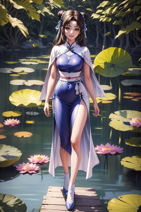 <lora:zhao-7:0.65>,zhao,1girl,long hair,dress,double bun,full body,blue dress,white cape,hair bun,traditional chinese clothes,<lora:add_detail:0.6>,lotus pond,small breasts,light smile,, (masterpiece, best quality, high quality, highres, ultra-detailed),