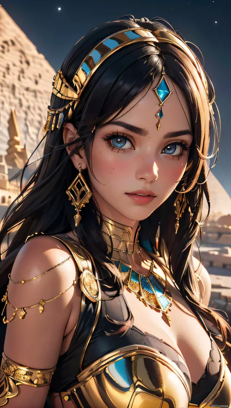 (best quality, masterpiece, colorful, dynamic angle, highest detailed) Realistic photo, fashion photography of a egyptian goddess, gold ornaments, gold reflection, flirting with POV, ultra detailed textures, perfect night, Egypt, pyramids, (intricate details, hyperdetailed:1.15), detailed, moonlight passing through hair, (official art, extreme detailed, highest detailed), HDR+