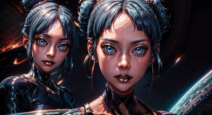 ( masterpiece, best quality, highres:1.3),
<lora:CyberCheriDream:0.8>,
CyberCheriDream,1girl,solo,blue eyes,double bun,on space station,stars and space background,<lora:more_details:1>,<lora:detailedeyes_v3:1>,
