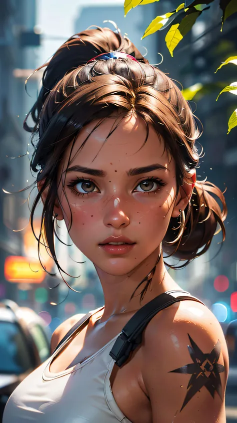 (best quality, masterpiece, colorful, dynamic angle, highest detailed)(\Lara Croft\, \Tomb Raider\) upper body professional photo, award winning fashion photography of sexy, intense brown long hair, ponytail hair ,hazel eyes, \Lara Croft\, \Tomb Raider\, flirting, bokeh, (intricate details, hyperdetailed:1.15), detailed, moonlight passing through hair (official art, colorful background, extreme detailed, highest detailed, natural skin texture, hyperrealism, soft light, sharp, perfect face),