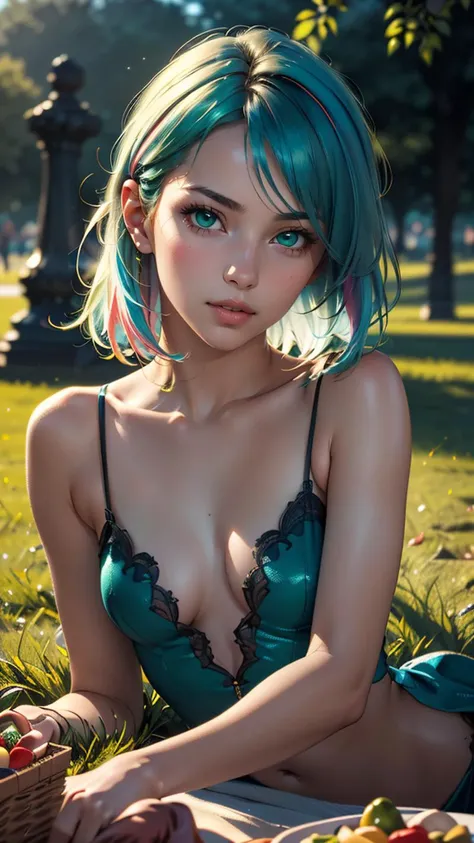 (best quality, masterpiece, colorful, highest detailed) upper body photo, fashion photography of cute (1 young cute fantasy girl), coloured hair, 18yo, small tits, flirting on camera, fashion photography, (Realistic skin texture:1.4), high detailed casual dress, soft light passing through hair, (Picnic atmosfere), (well-kept green lawn), (public park), (dawn light), (night beautiful background:1.3), (intricate details), (dynamic angle)