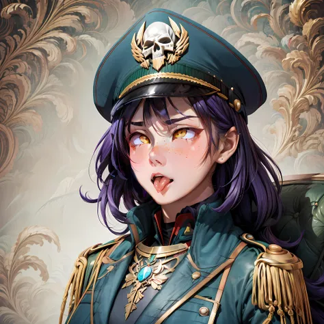 (Wide shot:1.4), steampunk background,<lora:edgWar40kCommissarv1:1>,edgcommissar, millitary uniform green, epaulettes, skull emblem, hat, wearing edgcommissar,a woman, purple hair,yellow eyes, <lora:add_detail:0.5>, <photography term>