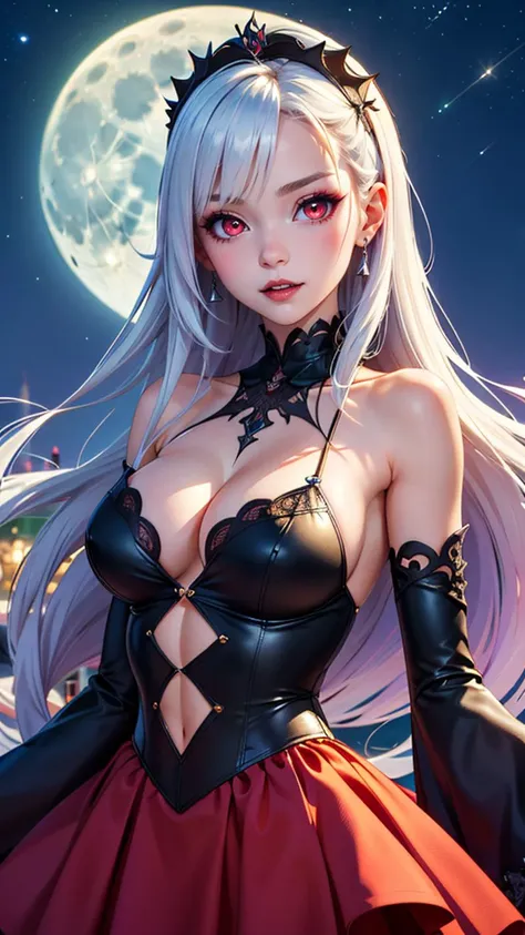 (best quality, masterpiece, colorful, highest detailed) upper body photo, fashion photography of cute (colorful), young cute vampire (pale skin) girl, eyes goth makeup, goth flamenco dress, very big red eyes, long straight silver hair, night, full moon in the sky, flirting, (light smile:0.3), Character Design, upper body