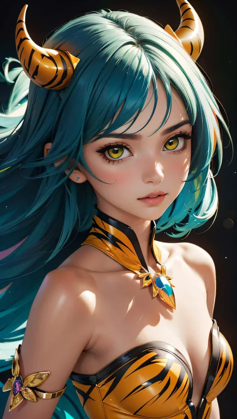 (best quality, masterpiece, colorful, dynamic angle, highest detailed)\Lum\, upper body photo, fashion photography of cute, intense green hair, orange eyes, tiger print, strapless bikini, yellow boots, yellow little small horns, \Lum\,(ultrahigh resolution textures), in dynamic pose, bokeh, (intricate details, hyperdetailed:1.15), detailed, light passing through hair, colorful art flat background, electric aura, (official art, extreme detailed, highest detailed),