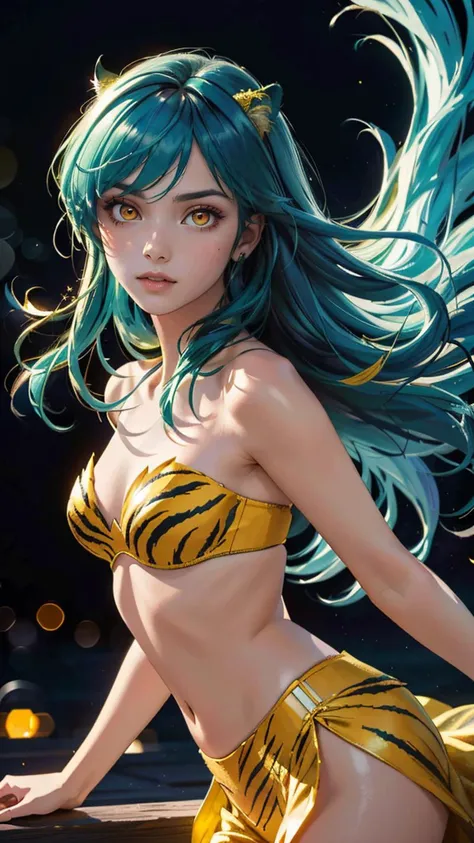 (best quality, masterpiece, colorful, dynamic angle, realistic)\Lum\, upper body photo, fashion photography of cute, intense long green hair, orange eyes, tiger print, strapless bikini, yellow boots, yellow little horns, small horns, \Lum\, <lora:lum4:0.6> (ultrahigh resolution textures), in dynamic pose, bokeh, (intricate details, hyperdetailed:1.15), moonlight passing through hair, perfect night, (fantasy background), (official art, extreme detailed, highest detailed), HDR+