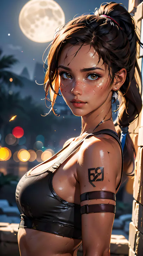 (best quality, masterpiece, colorful, dynamic angle, highest detailed)(\Lara Croft\, \Tomb Raider\) upper body professional photo, award winning fashion photography of sexy, intense brown long hair, ponytail hair ,hazel eyes, \Lara Croft\, \Tomb Raider\, flirting, bokeh, (intricate details, hyperdetailed:1.15), detailed, moonlight passing through hair (official art, nazca background, extreme detailed, highest detailed, natural skin texture, hyperrealism, soft light, sharp, perfect face),